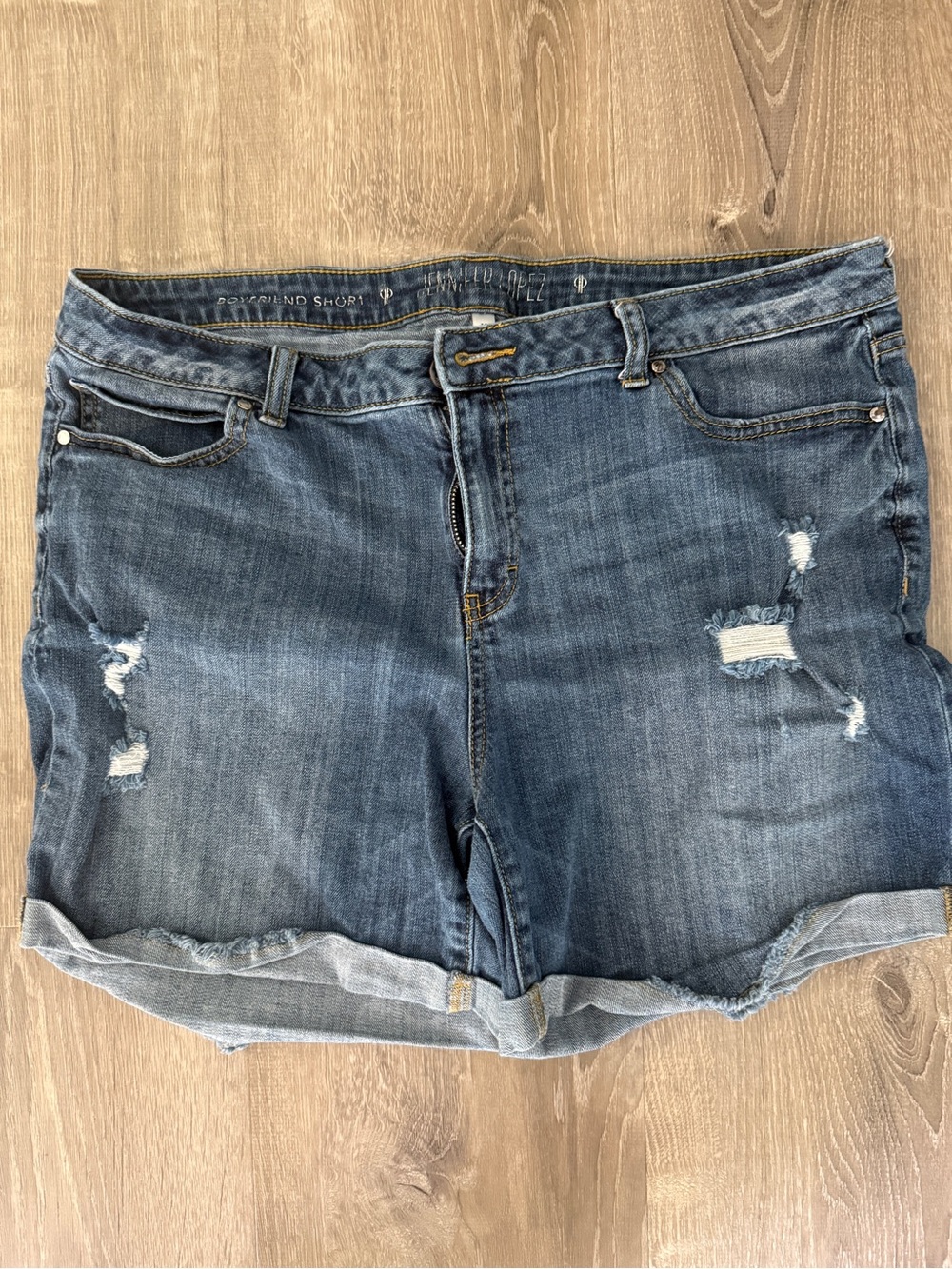 Jennifer Lopez Distressed Denim Boyfriend Shorts in Blue